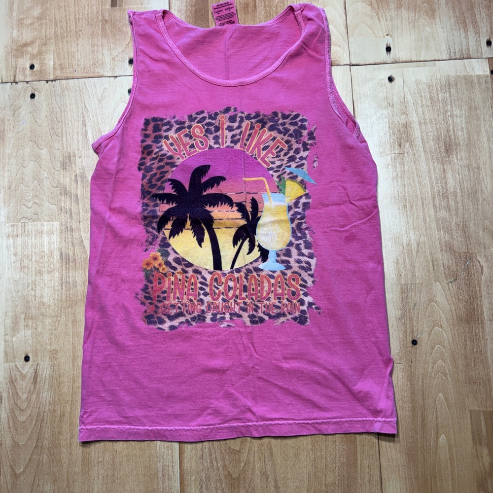 Comfort Colors Pink Pina Coladas Tropical Leopard Graphic Tank Top Small